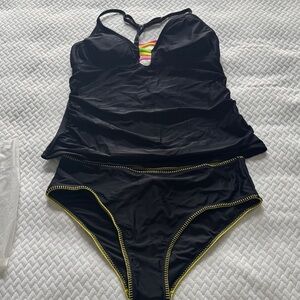 Cupshe Black Tankini Set with Neon Yellow & Pink Accents